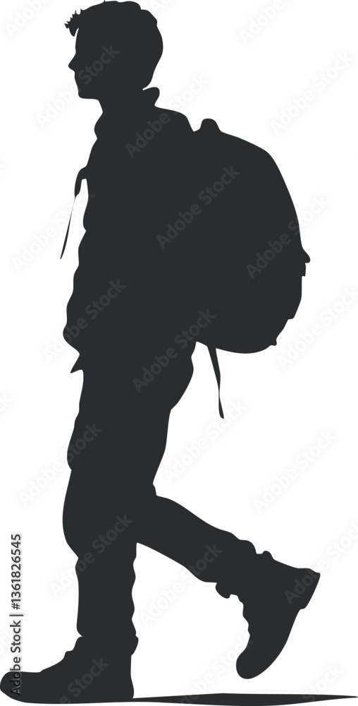 Silhouette of a man walking with a backpack, ideal for travel-themed designs. Silhouette of a man walking with a backpack, ideal for travel-themed designs.