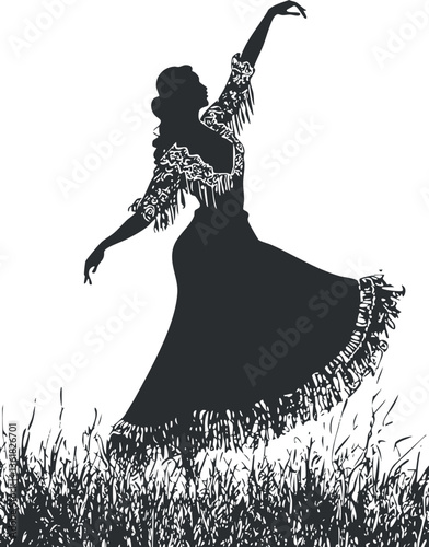 Silhouette of a flamenco dancer in a grassy field, ideal for cultural themes.