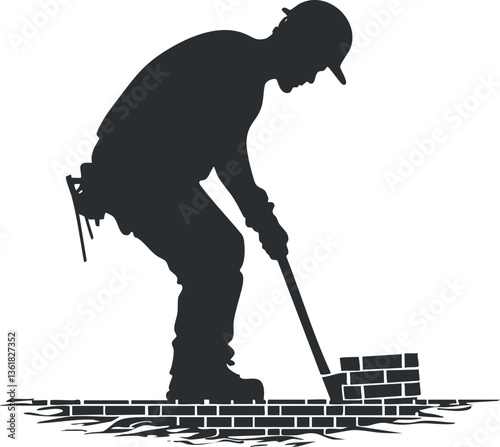 Silhouette of construction worker bricklaying for industrial and architectural design.