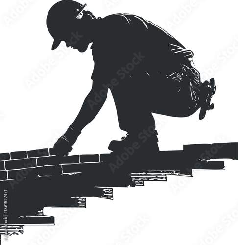 Silhouette of a construction worker laying bricks, ideal for architectural themes.