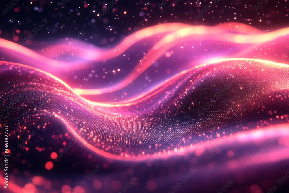 Fototapeta premium Colorful waves of light create a mesmerizing abstract background with glowing particles in a digital landscape
