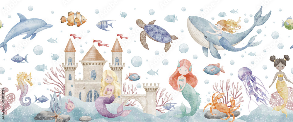Obraz premium Watercolor illustration of Mermaids in an underwater kingdom with a castle, fish, and sea creatures. Drawing of seamless Pattern for nursery wallpaper. Art of Border with dolphin and whale for baby.