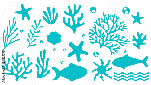 Blue sea pattern in Matisse style on white background. Vector coral, seashells, scallops, starfish. Deep sea background. Printable silhouette.
