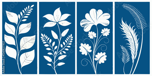 Vector illustration in simple linocut or cut our hand draw naive wavy groovy style, flowers and plants, floral botanic design templates, modern art prints, posters and placards