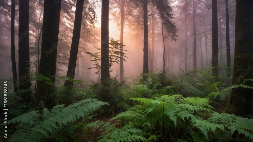 Obraz premium A serene forest scene with tall trees, lush ferns, and soft mist, creating a tranquil atmosphere.