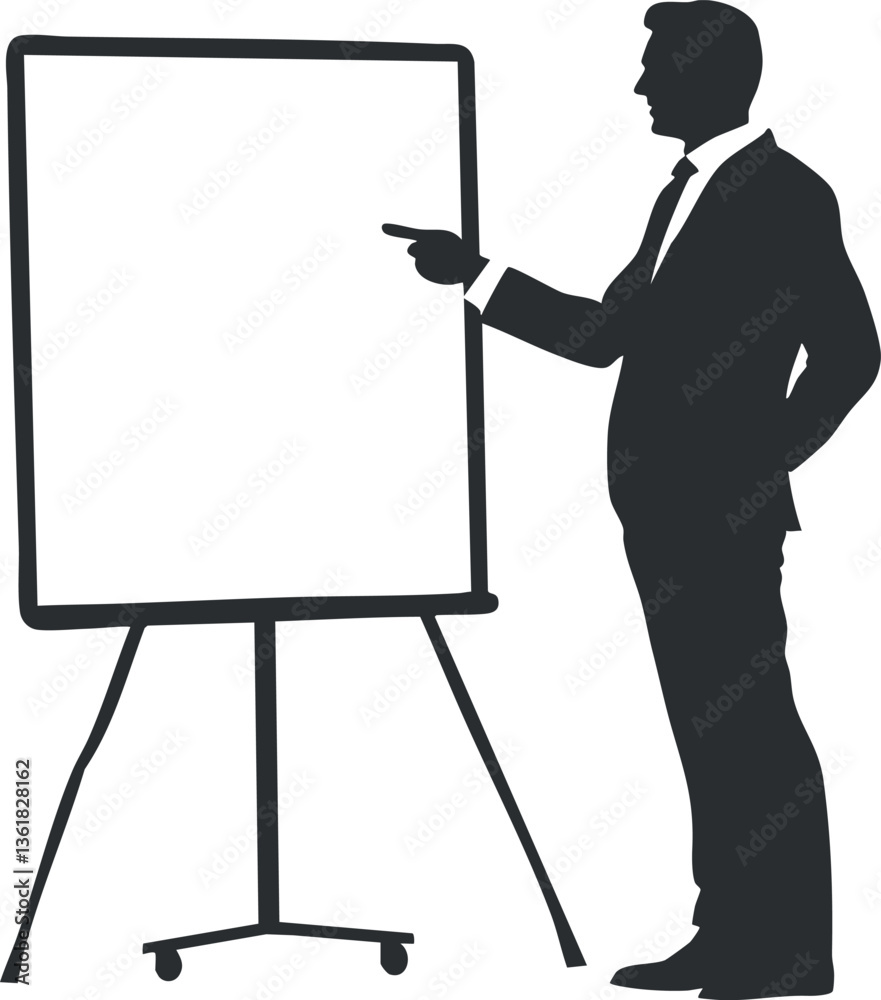 Silhouette of businessman presenting with whiteboard, ideal for corporate training themes. Silhouette of businessman presenting with whiteboard, ideal for corporate training themes.