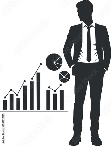 Businessman silhouette with data charts for financial presentations and analysis.