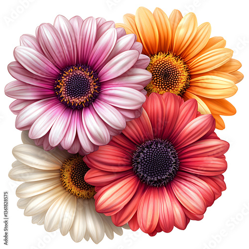 Gerbera Daisy Bouquet: A vibrant display of gerbera daisies in a spectrum of colors, artfully arranged to showcase the beauty of each bloom, their textures, and the intricate details of each petal. 