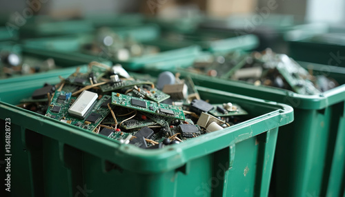 Electronic waste recycling containers in industrial setting. Circuit boards, computer components in bins. Problem of e-waste management. Environmental sustainability, pollution, discarded electronics.