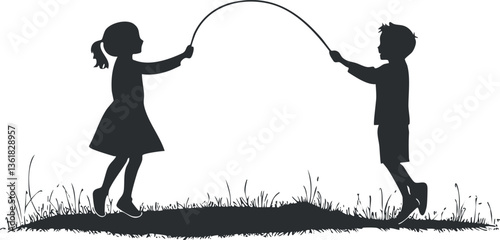 Silhouette of children playing jump rope outdoors for fitness and fun illustration.