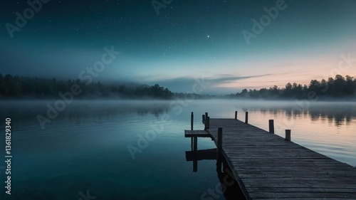 Fototapeta Naklejka Na Ścianę i Meble -  A serene dock extends into a misty lake under a starry sky at twilight.