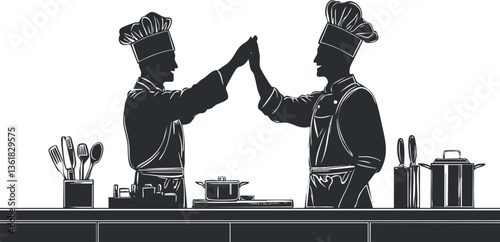 Silhouette of two chefs high-fiving in a kitchen, symbolizing teamwork and success.