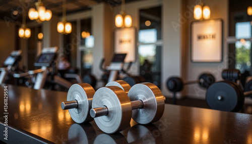 Polished steel dumbbells on hotel gym counter, luxury fitness concept