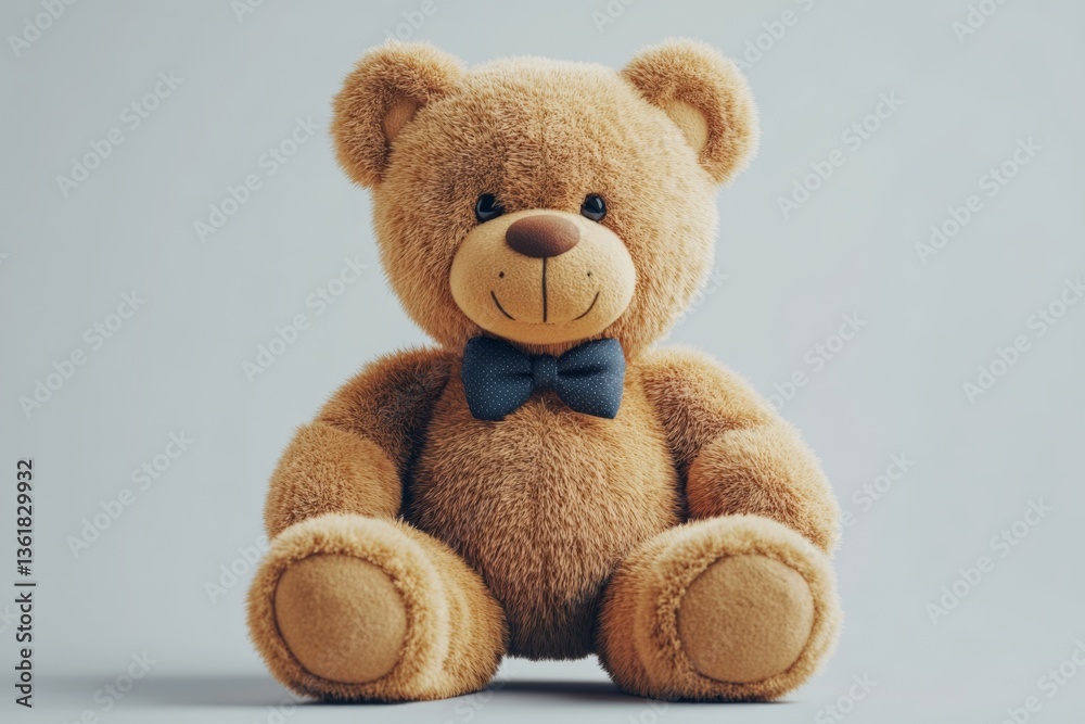 Soft teddy bear with a bow tie sitting calmly on a light gray background Soft teddy bear with a bow tie sitting calmly on a light gray background