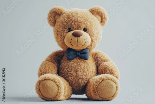 Soft teddy bear with a bow tie sitting calmly on a light gray background