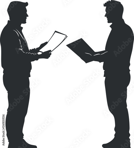 Silhouette of two businessmen discussing documents in a professional meeting setting.