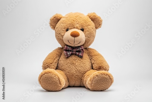 Stuffed bear with bowtie sitting on a plain background, perfect for children's decor or gifts at any celebration