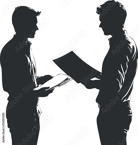 Silhouette of two professionals discussing paperwork for business collaboration concepts.