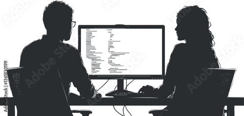 Silhouette of two programmers collaborating on code at a shared computer screen.