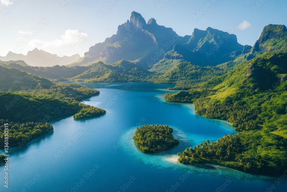 Breathtaking view of lush mountains and turquoise water in a tropical landscape at sunrise Breathtaking view of lush mountains and turquoise water in a tropical landscape at sunrise