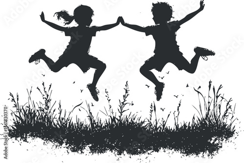 Silhouette of children joyfully jumping in grass, perfect for playful themes or designs.