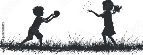 Silhouette of children playing with ball in grass, perfect for youthful themes.