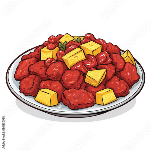 Create a bold vector illustration of a platter overflowing with a variety of sweet and colorful desserts.  Focus on vibrant, contrasting colors and dynamic brush strokes.
