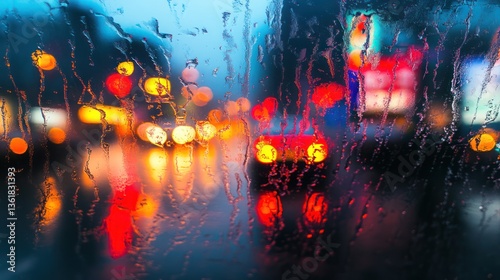 Rainy City Night View Through Car Window. Possible Use Stock Photo photo
