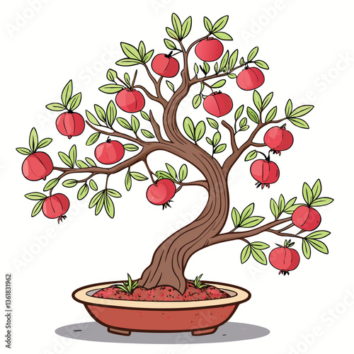 Create a vector illustration of a bold, stylized pomegranate bonsai tree, emphasizing strong graphic lines and vibrant color.