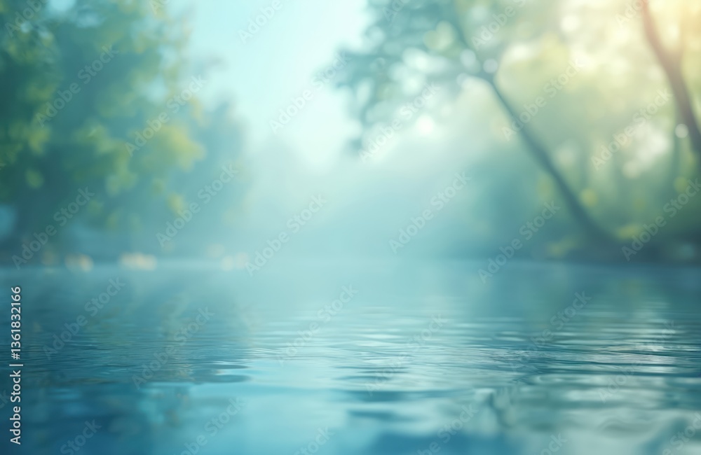 Obraz premium Abstract calm water surface with soft bokeh light effects. Sky reflection on water, sea or lake. Fresh natural background for beauty products ads, cosmetics, spa, skincare, perfume.