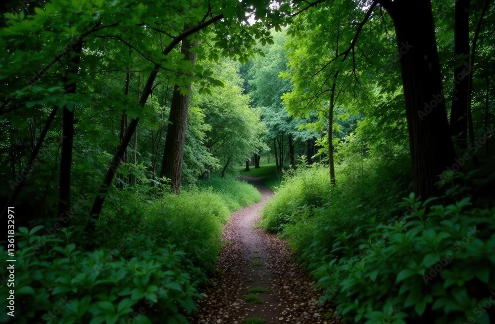 Obraz premium path to green natural park. forest with trees and bushes. walking or cycling in nature outdoor in summer