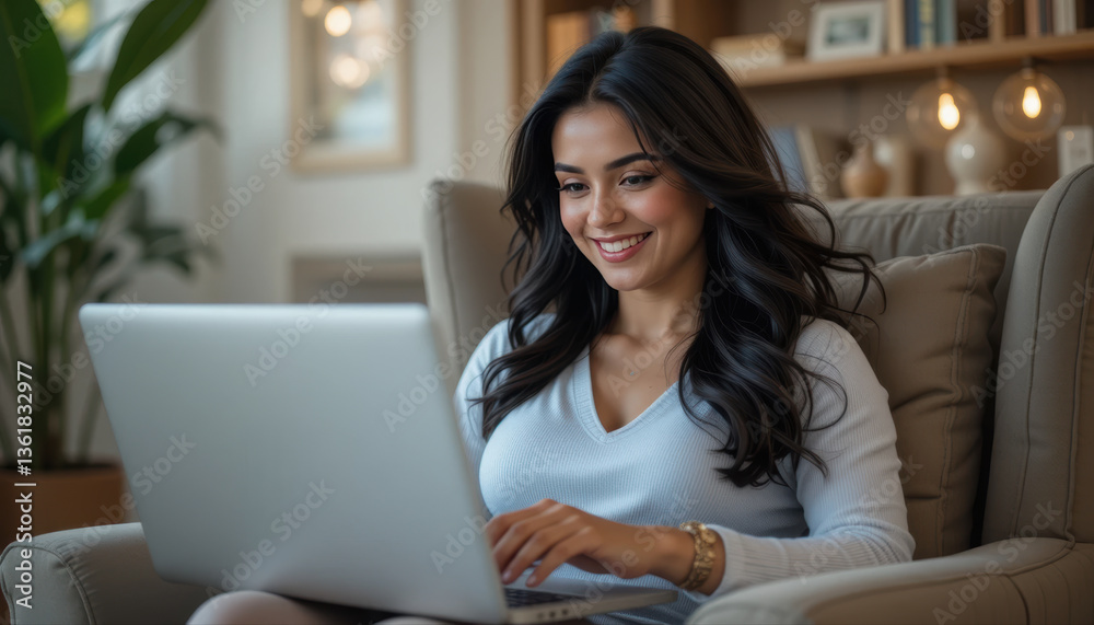 young woman is sitting comfortably sofa, smiling while using laptop cozy, well lit living room. atmosphere is warm young woman is sitting comfortably sofa, smiling while using laptop cozy, well lit living room. atmosphere is warm