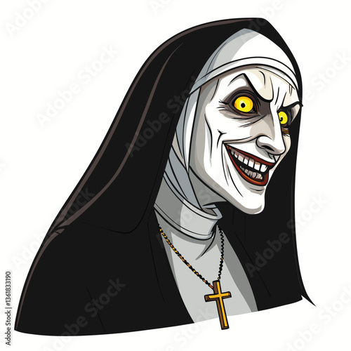Create a bold vector illustration of a possessed nun, emphasizing dramatic lighting and intense facial expression.  Focus on impactful linework.