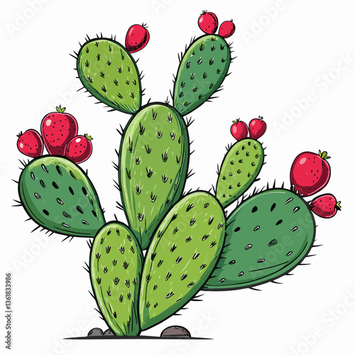 Create a bold, vector illustration of a prickly pear cactus with thick, textured strokes. Emphasize the spines and pads.