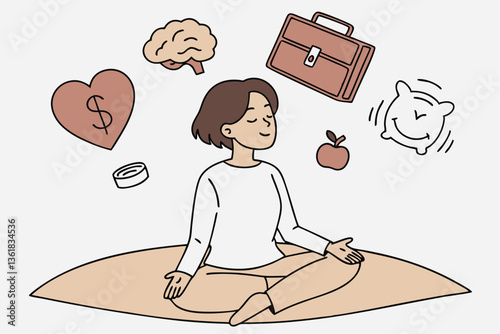 Wellness, lifestyle wellbeing, relaxation to balance happiness, mindfulness mental health, vitality or zen-like health nutrition, meditation concept, calmness woman meditate health wellness elements.