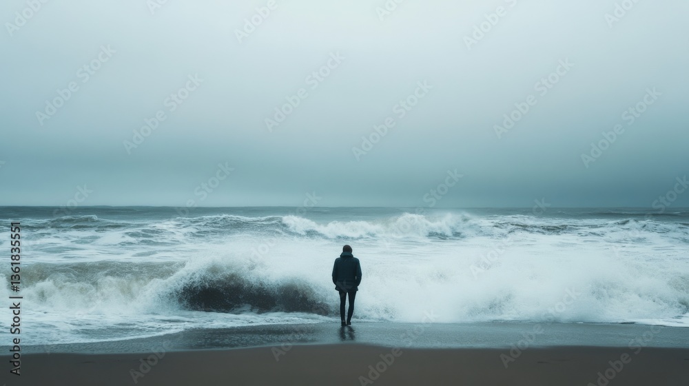 A lone figure stands on a sandy beach, facing powerful crashing waves under a brooding, grey sky, evoking solitude and contemplation. A lone figure stands on a sandy beach, facing powerful crashing waves under a brooding, grey sky, evoking solitude and contemplation.