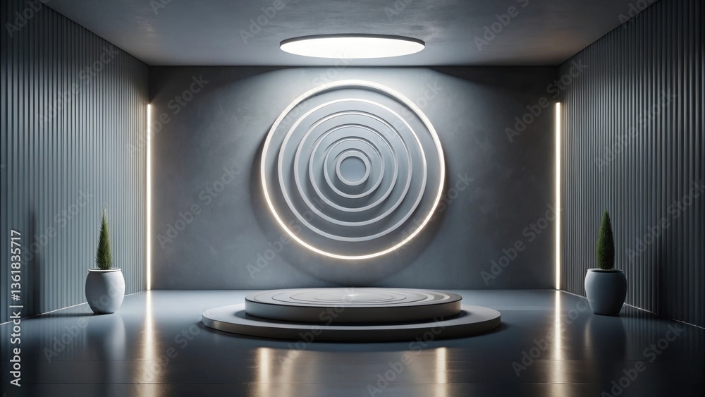 Fototapeta premium Modern Minimalist Product Display Platform with Concentric Circle Wall Art and Planters