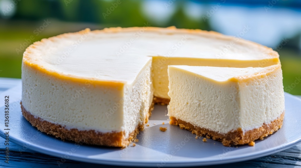 Creamy cheesecake on a plate overlooking a serene lake during a sunny afternoon Creamy cheesecake on a plate overlooking a serene lake during a sunny afternoon