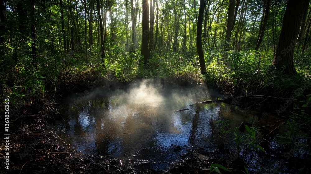 Obraz premium Misty pond surrounded by lush greenery in a sunlit forest during early morning hours