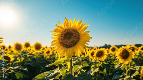 A serene summer morning in a vast sunflower field, bathed in warm golden sunlight, with gentle breezes swaying the vibrant yellow petals under a clear blue sky.