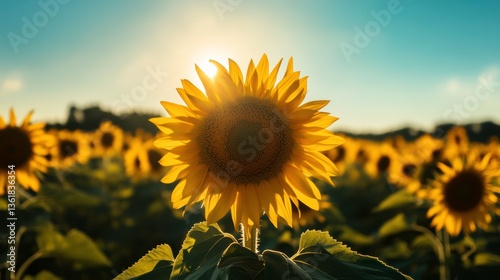 A serene summer morning in a vast sunflower field, bathed in warm golden sunlight, with gentle breezes swaying the vibrant yellow petals under a clear blue sky.