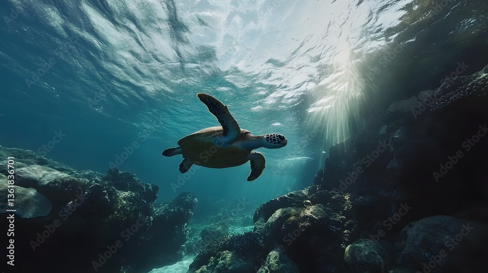 Obraz premium Deep Sea Turtle Gliding Through Sunlit Ocean Waters