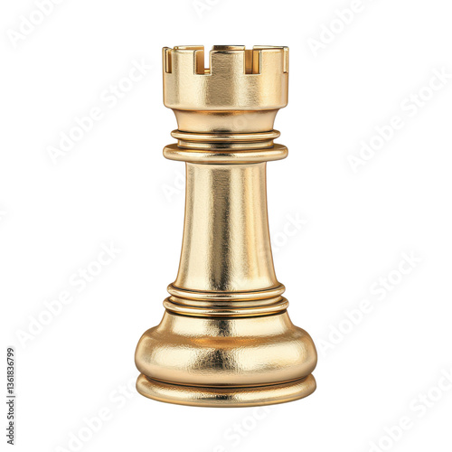 Golden chess rook piece on transparent background. Strategy and game concept.
