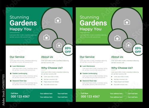 Lawn and gardening service flyer design template. Tree and gardening service poster leaflet design. lawnmower flyer template.