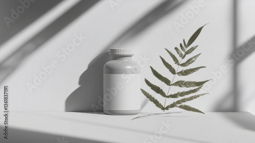 Illustrate a clean and minimalistic supplement bottle mockup, placed on a white background with soft shadows and a subtle touch of natural elements.