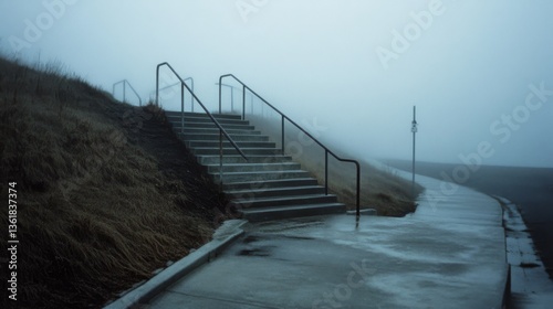 Steps lead into a foggy, desolate landscape, inviting introspection and solitude in the quiet, misty morning light.
