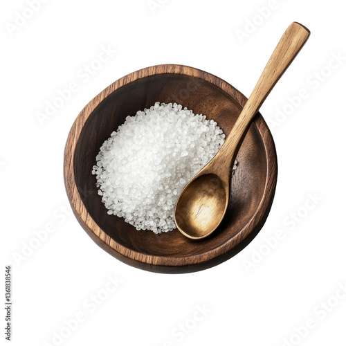 Wooden bowl filled with coarse white sea salt, alongside a wooden spoon