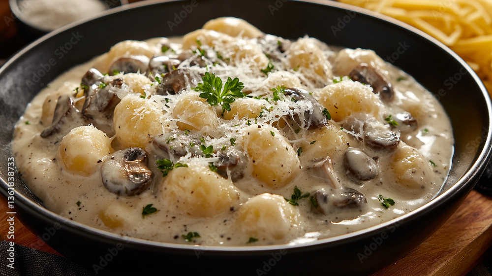 Close up of gnocchi with creamy sauce mushrooms and parmesan cheese in a dark bowl ready to serve Close up of gnocchi with creamy sauce mushrooms and parmesan cheese in a dark bowl ready to serve
