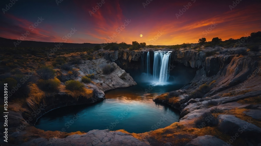 Fototapeta premium A serene waterfall cascades into a tranquil pool, illuminated by a colorful sunset sky.