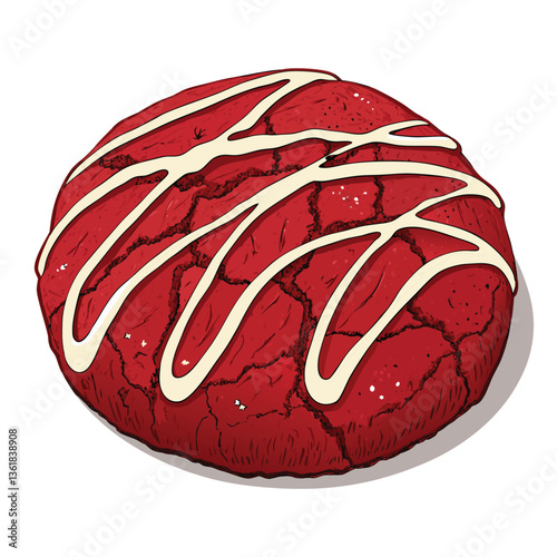 Create a bold, vector illustration of a delicious red velvet cookie with intricate details, emphasizing texture and rich color.